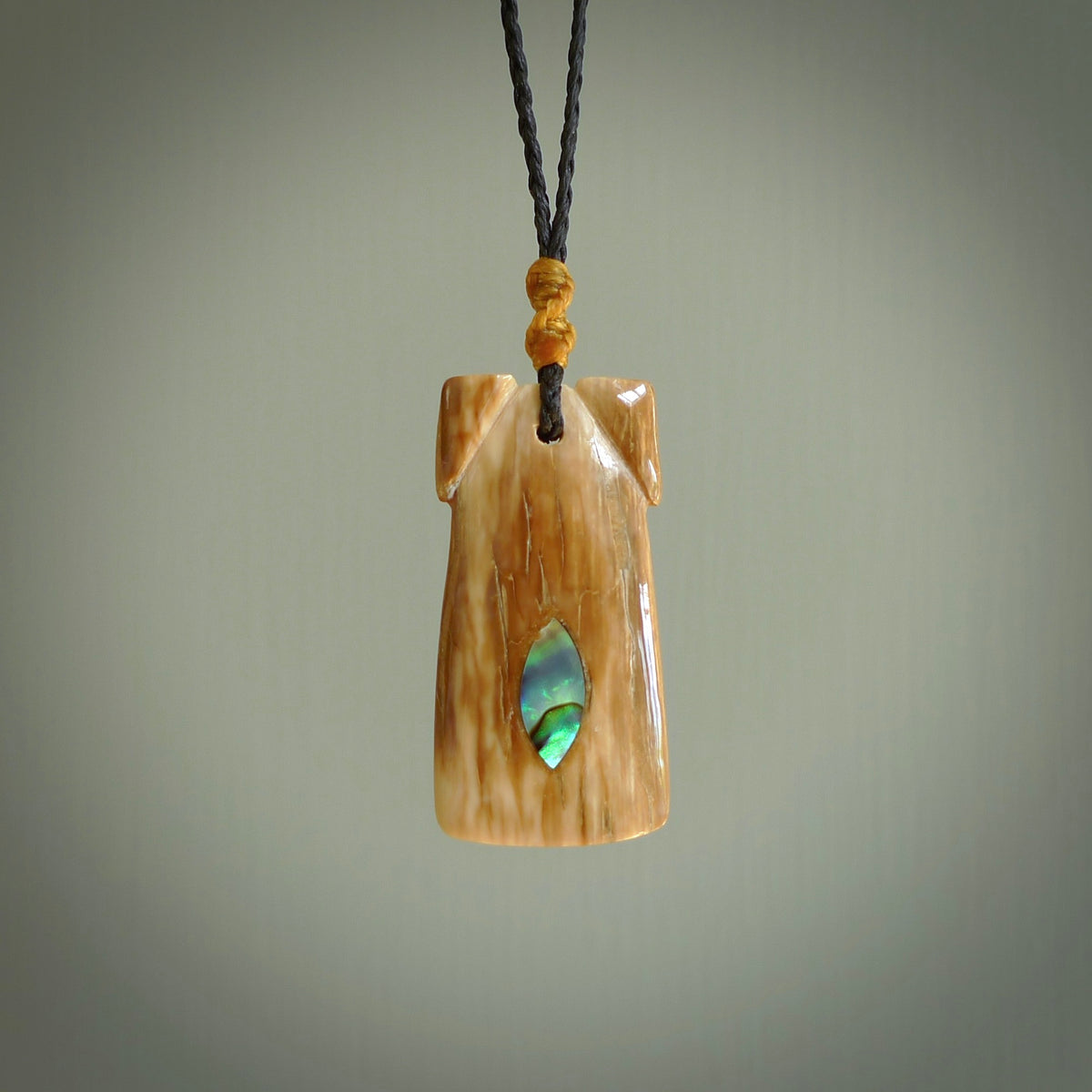 Hand carved bone fish hook pendant with paua inset - Adore Collection