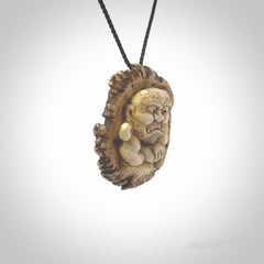 Hand carved ONI NI KANABO Pendant. Made from Red Deer antler in New Zealand. Unique Japanese necklace hand made from deer antler by master bone carver Fumio Noguchi. Spectacular collectable work of art, made to wear. One only pendant, delivered to you at no extra cost with express courier.