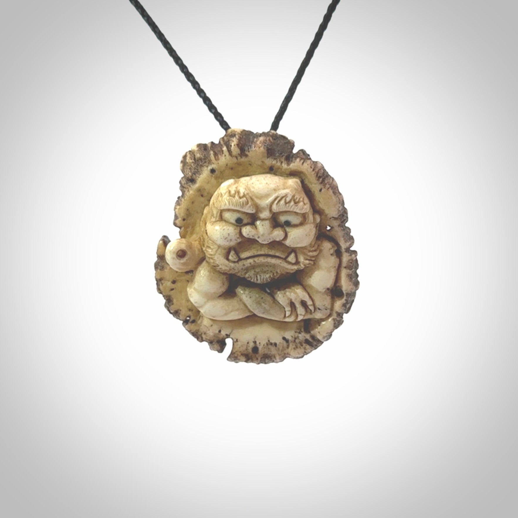 Hand carved ONI NI KANABO Pendant. Made from Red Deer antler in New Zealand. Unique Japanese necklace hand made from deer antler by master bone carver Fumio Noguchi. Spectacular collectable work of art, made to wear. One only pendant, delivered to you at no extra cost with express courier.