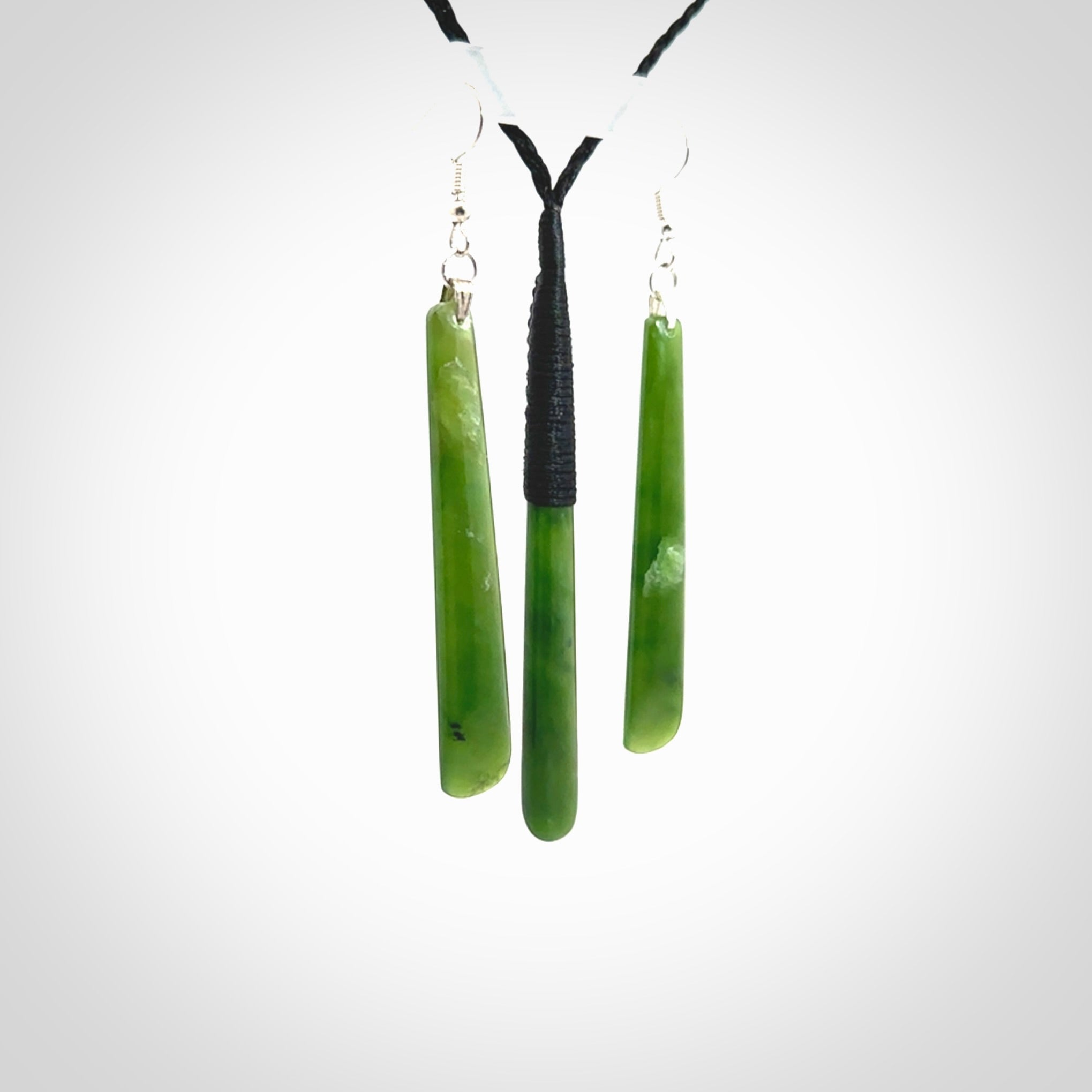 Large New Zealand Kahurangi Pounamu Jade Drop pendant and matching drop earrings. Hand carved from a lovely piece of local New Zealand Kahurangi. Matching necklace and earrings hand carved by Aaron Tabak.