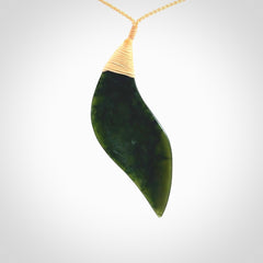 One only large sized New Zealand jade drop pendant. Hand carved in New Zealand by Ric Moor, jade artist, for NZ Pacific. Contemporary drop necklace with adjustable beige cord, packaged in a woven kete pouch.