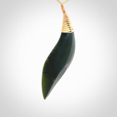 One only large sized New Zealand jade drop pendant. Hand carved in New Zealand by Ric Moor, jade artist, for NZ Pacific. Contemporary drop necklace with adjustable beige cord, packaged in a woven kete pouch.