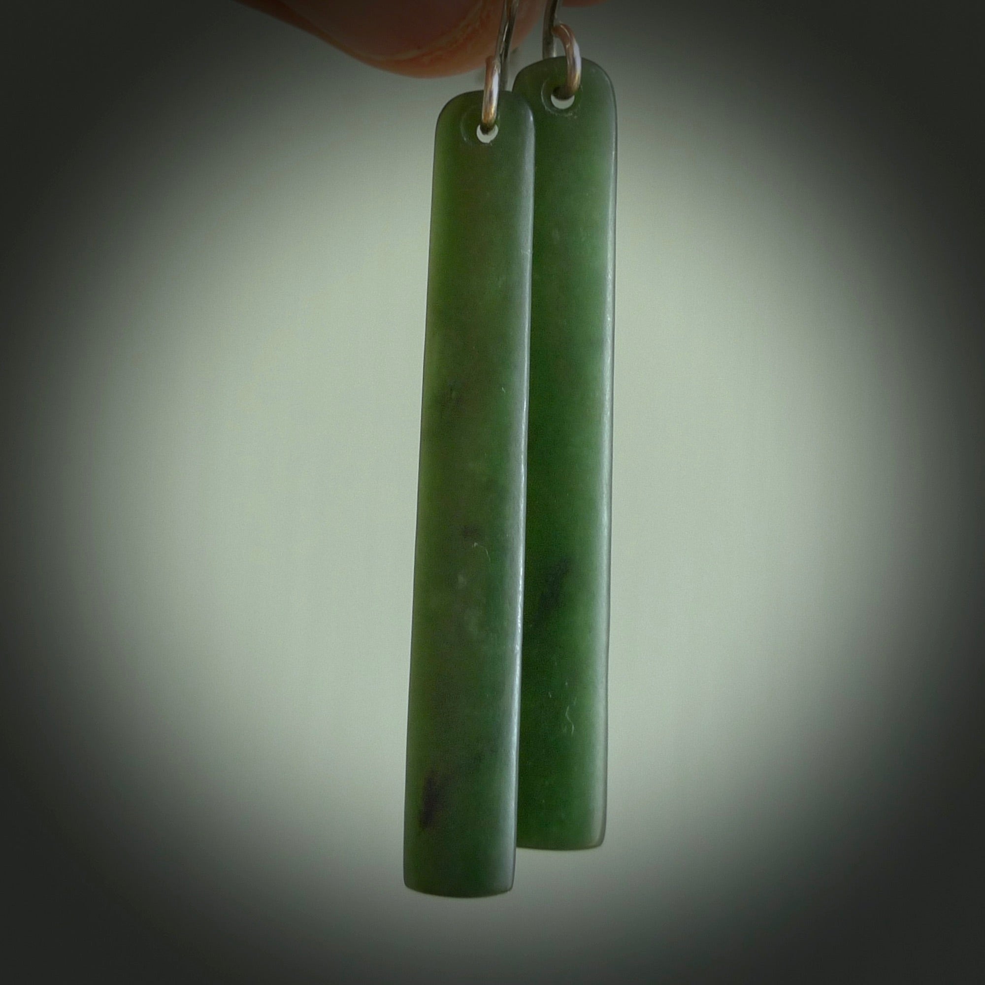 Hand carved large New Zealand jade drop earrings. Made by NZ Pacific from real jade. Online jewellery for sale online by NZ Pacific. Large sized Jade drop earrings hand carved by New Zealand carver Ric Moor.