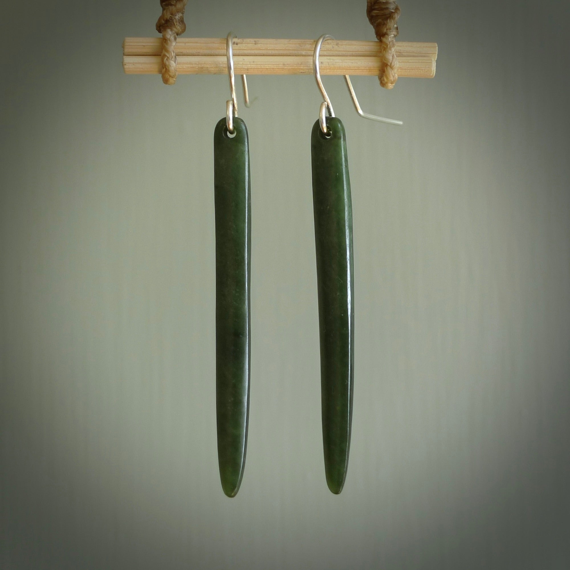 Hand carved large New Zealand jade drop earrings. Made by NZ Pacific from real jade. Online jewellery for sale online by NZ Pacific. Large sized Jade drop earrings hand carved by New Zealand carver Ric Moor.