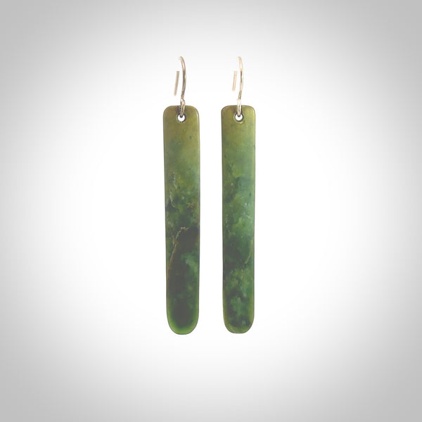 Hand carved large New Zealand jade drop earrings. Made by NZ Pacific from real jade. Online jewellery for sale online by NZ Pacific. Hand carved here in New Zealand by Ric Moor.