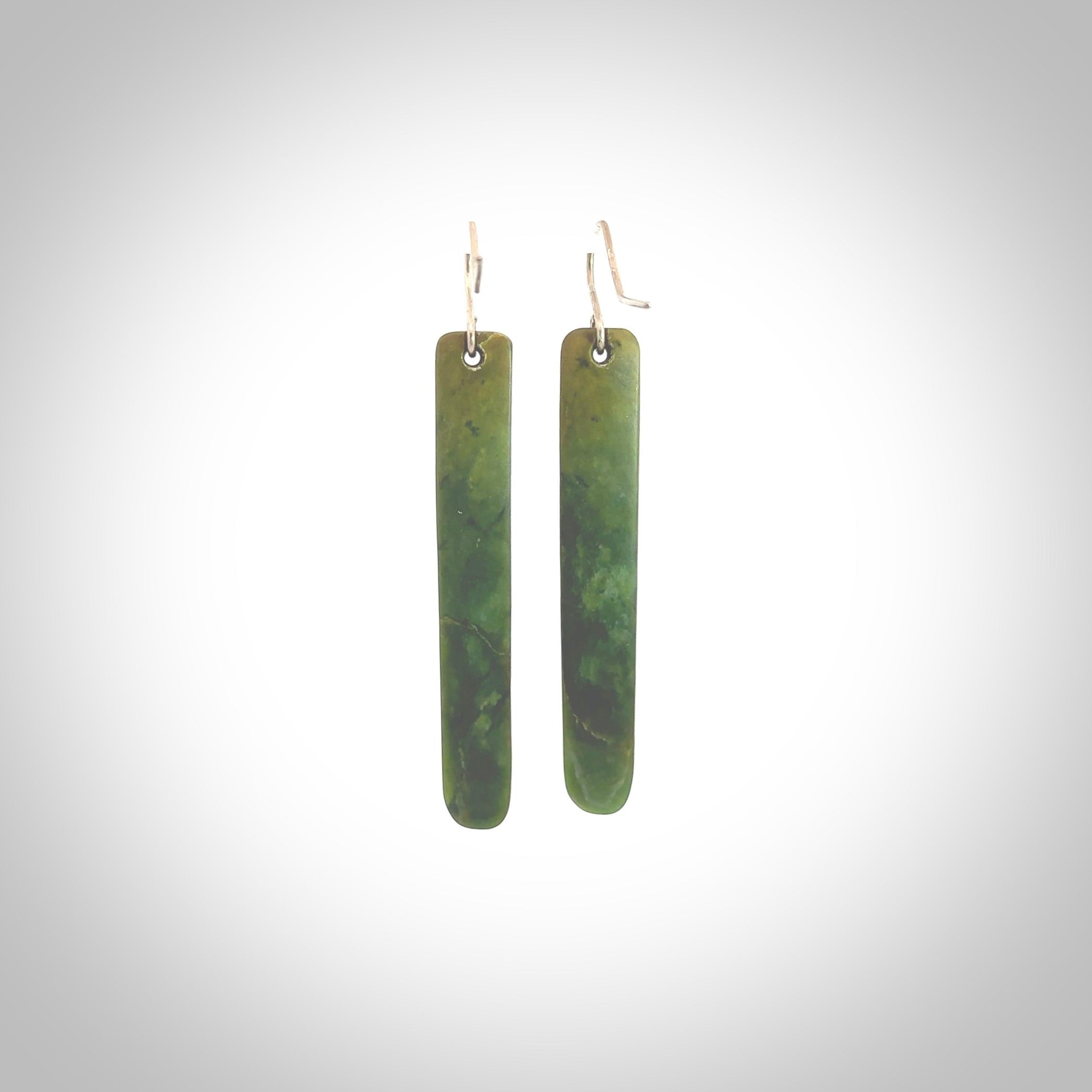 Hand carved large New Zealand jade drop earrings. Made by NZ Pacific from real jade. Online jewellery for sale online by NZ Pacific. Hand carved here in New Zealand by Ric Moor.