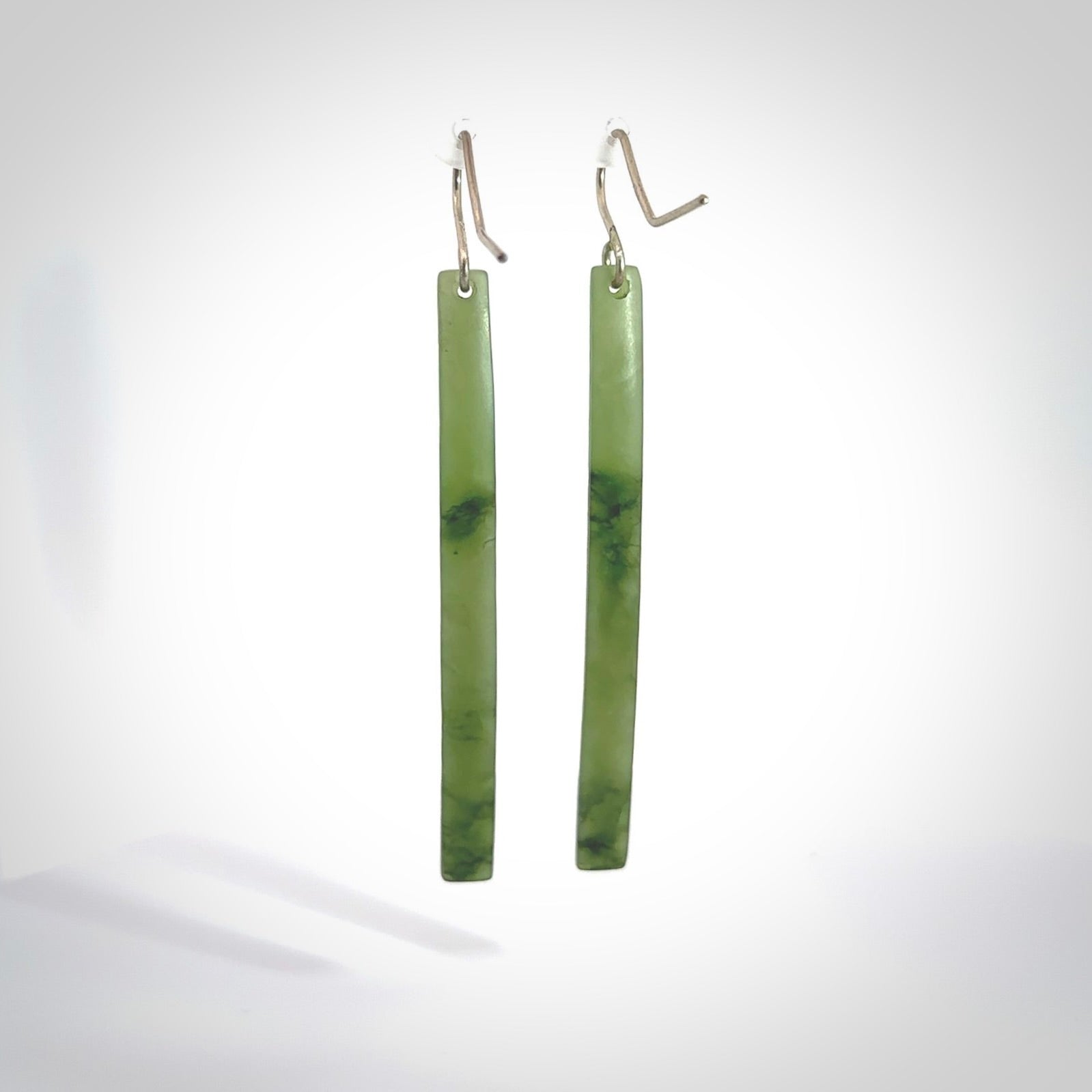 Hand carved large New Zealand jade drop earrings. Made by NZ Pacific from real jade. Online jewellery for sale online by NZ Pacific. Hand carved here in New Zealand by Ric Moor.