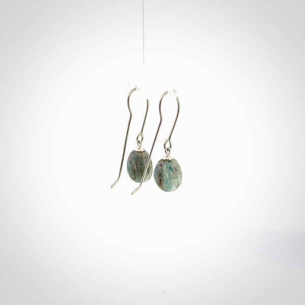 Hand carved New Zealand Aotea Stone drop earrings with Sterling Silver. One pair only. Unique earrings for women.