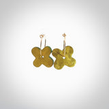 Four leaf jade drop earrings, beautifully hand made with gorgeous flair and chic design. They are fashionable and perfect for a women with style. Hand carved from a gorgeous piece of New Zealand Marsden jade with Gold Leaf inlay and Gold plated hoops - they are unique and beautiful.