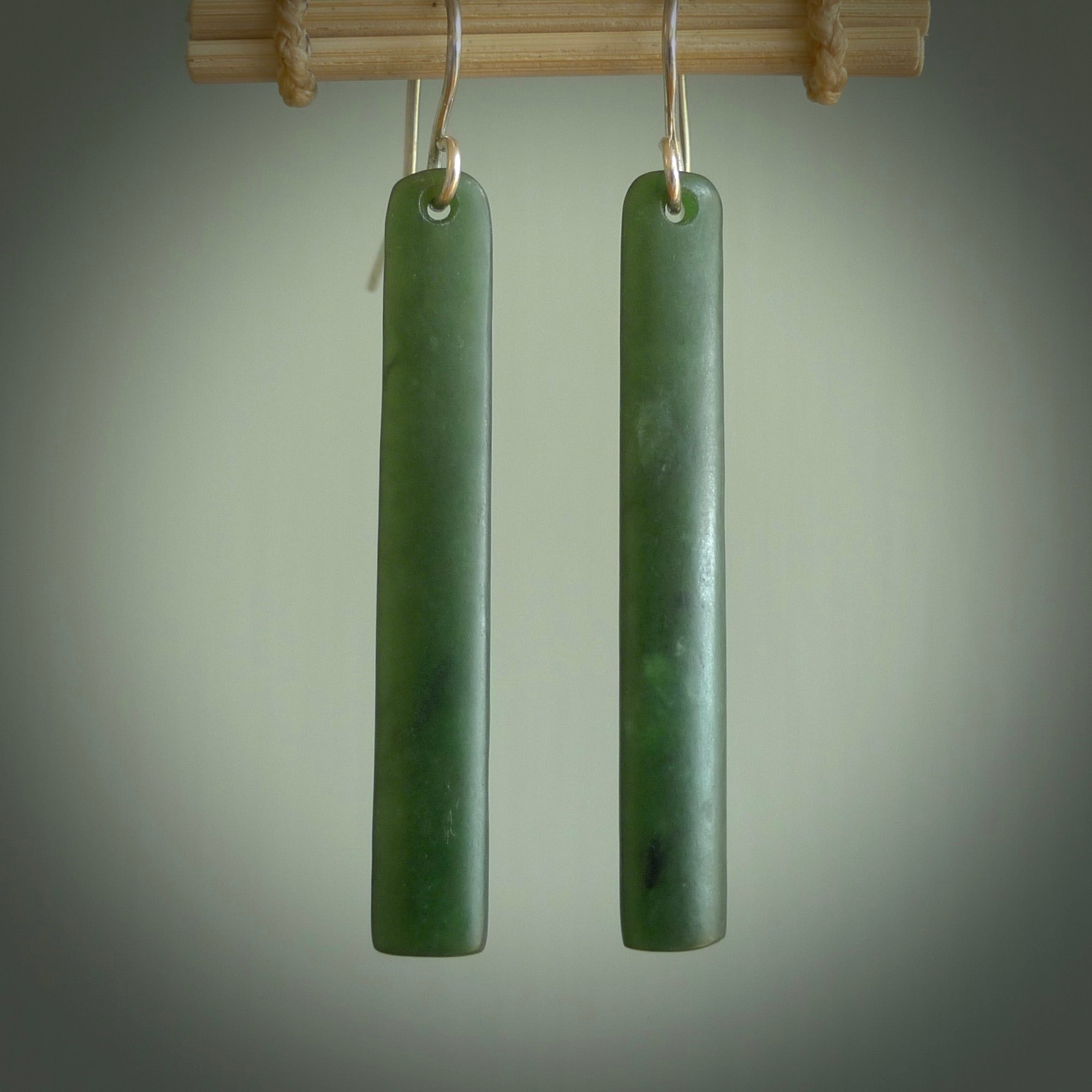 Hand carved large New Zealand jade drop earrings. Made by NZ Pacific from real jade. Online jewellery for sale online by NZ Pacific. Large sized Jade drop earrings hand carved by New Zealand carver Ric Moor.