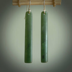 Hand carved large New Zealand jade drop earrings. Made by NZ Pacific from real jade. Online jewellery for sale online by NZ Pacific. Large sized Jade drop earrings hand carved by New Zealand carver Ric Moor.