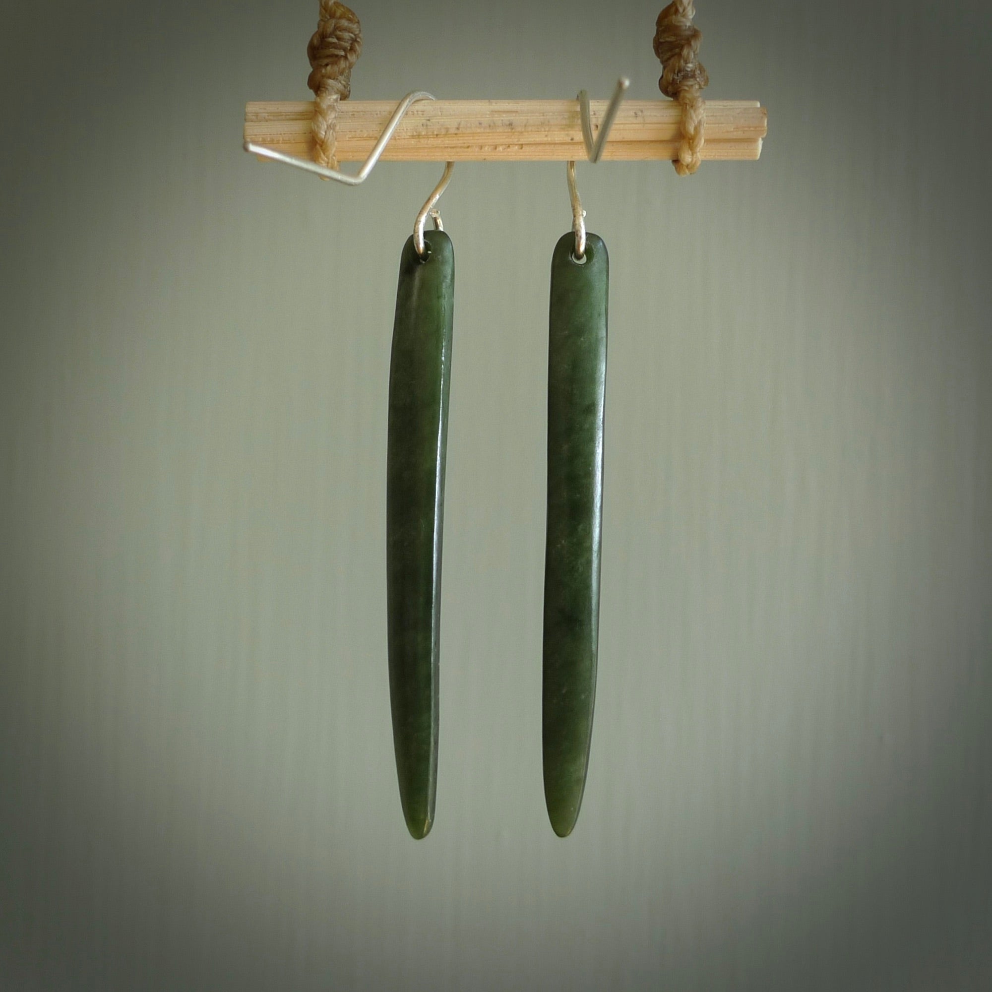 Hand carved large New Zealand jade drop earrings. Made by NZ Pacific from real jade. Online jewellery for sale online by NZ Pacific. Large sized Jade drop earrings hand carved by New Zealand carver Ric Moor.