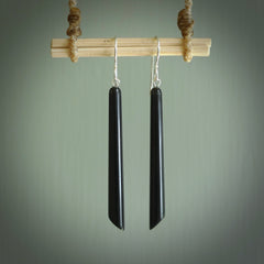 Hand carved Black Jade drop Earrings by Amanda Thompson. Made by NZ Pacific and for sale online. Black Jade, Hand made Jewellery made in New Zealand. Free delivery worldwide.