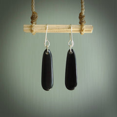 Hand carved Black Jade drop Earrings by Amanda Thompson. Made by NZ Pacific and for sale online. Black Jade, Hand made Jewellery made in New Zealand. Free delivery worldwide. One pair only, delivered in a kete pouch.