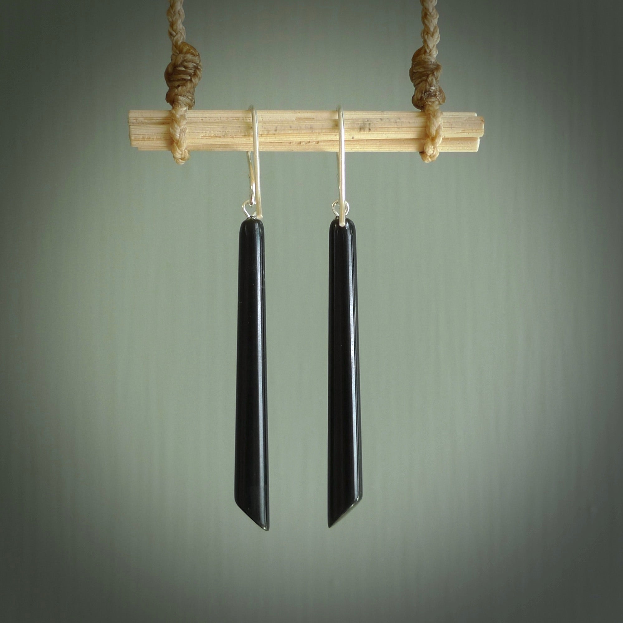 Hand carved Black Jade drop Earrings by Amanda Thompson. Made by NZ Pacific and for sale online. Black Jade, Hand made Jewellery made in New Zealand. Free delivery worldwide.