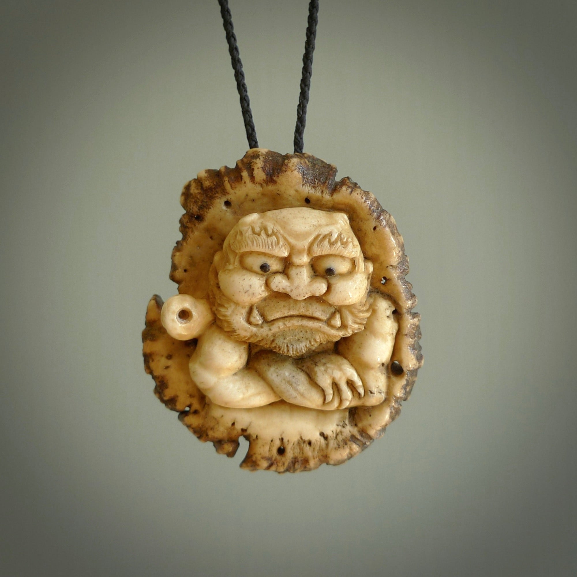 Hand carved ONI NI KANABO Pendant. Made from Red Deer antler in New Zealand. Unique Japanese necklace hand made from deer antler by master bone carver Fumio Noguchi. Spectacular collectable work of art, made to wear. One only pendant, delivered to you at no extra cost with express courier.