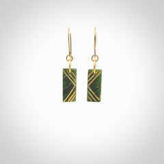 These drop earrings are beautifully hand made with gorgeous flair. They are fashionable and perfect for a woman with style. Hand carved from a gorgeous piece of New Zealand Marsden jade with Gold leaf and gold plated hooks - they are elegant and beautiful.