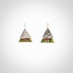 Hand made New Zealand Jade Rata drop earrings with sterling silver and red enamel. Hand crafted by Ana Krakosky. Beautiful Jade earrings hand made in New Zealand. One pair only. Provided in a woven kete pouch.