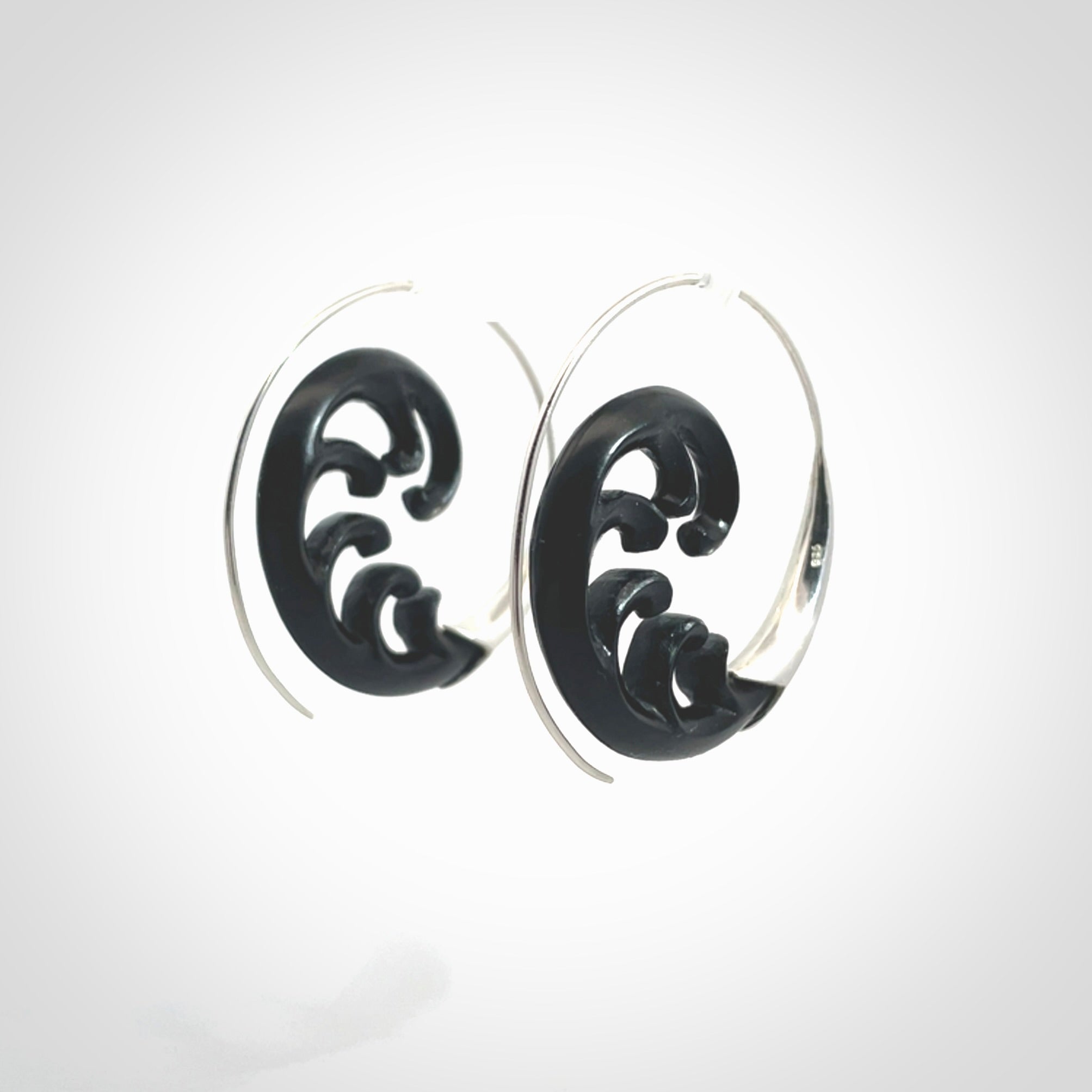 Hand carved hoop earrings, made from Black Jade with sterling silver. An NZ Pacific design. Large Black Jade and Silver hoop earrings.