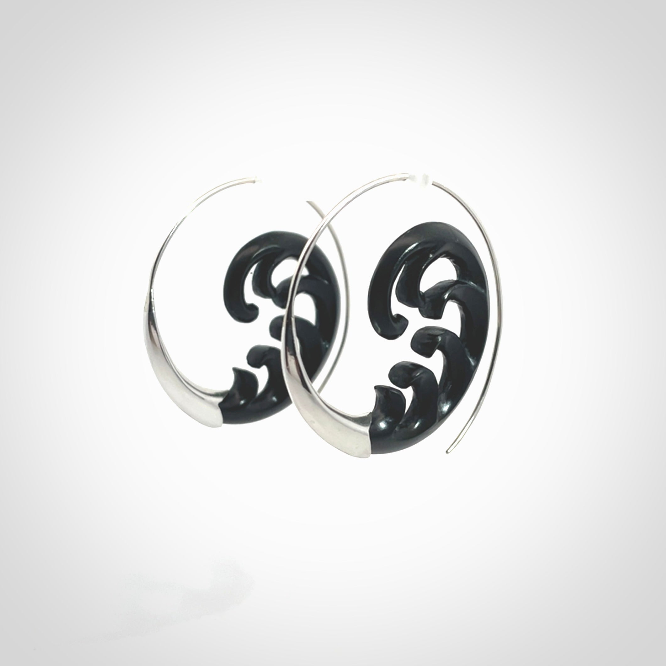 Hand carved hoop earrings, made from Black Jade with sterling silver. An NZ Pacific design. Large Black Jade and Silver hoop earrings.