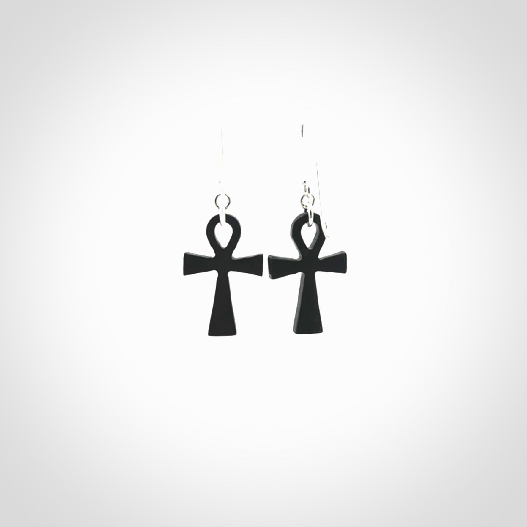 Small Black jade ankh cross earrings. Handmade jade jewellery made by NZ Pacific and for sale online. Beautiful art to wear.