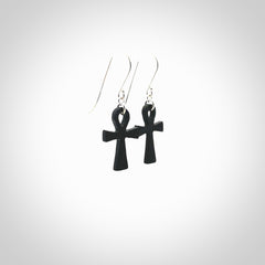 Small Black jade ankh cross earrings. Handmade jade jewellery made by NZ Pacific and for sale online. Beautiful art to wear.