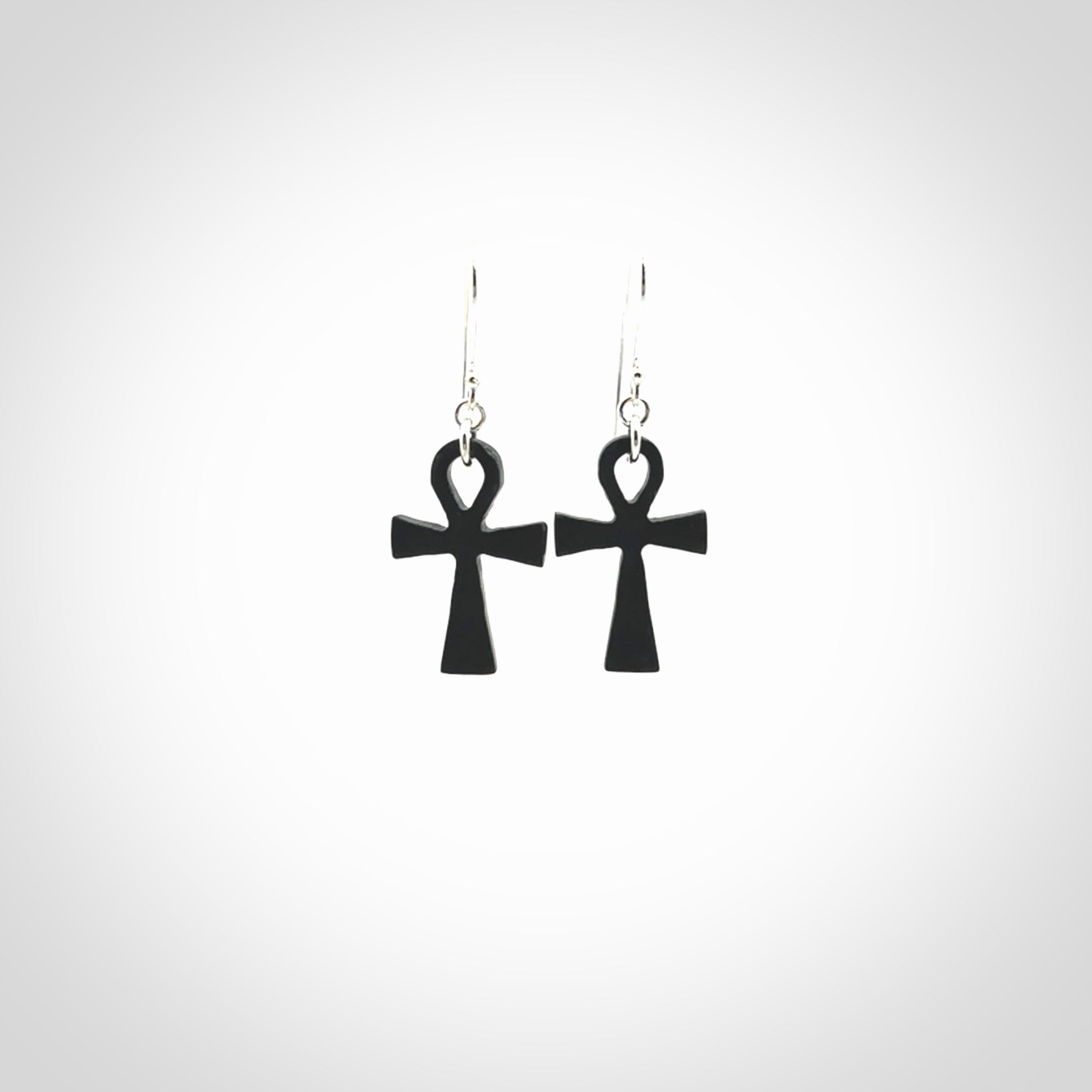 Small Black jade ankh cross earrings. Handmade jade jewellery made by NZ Pacific and for sale online. Beautiful art to wear.