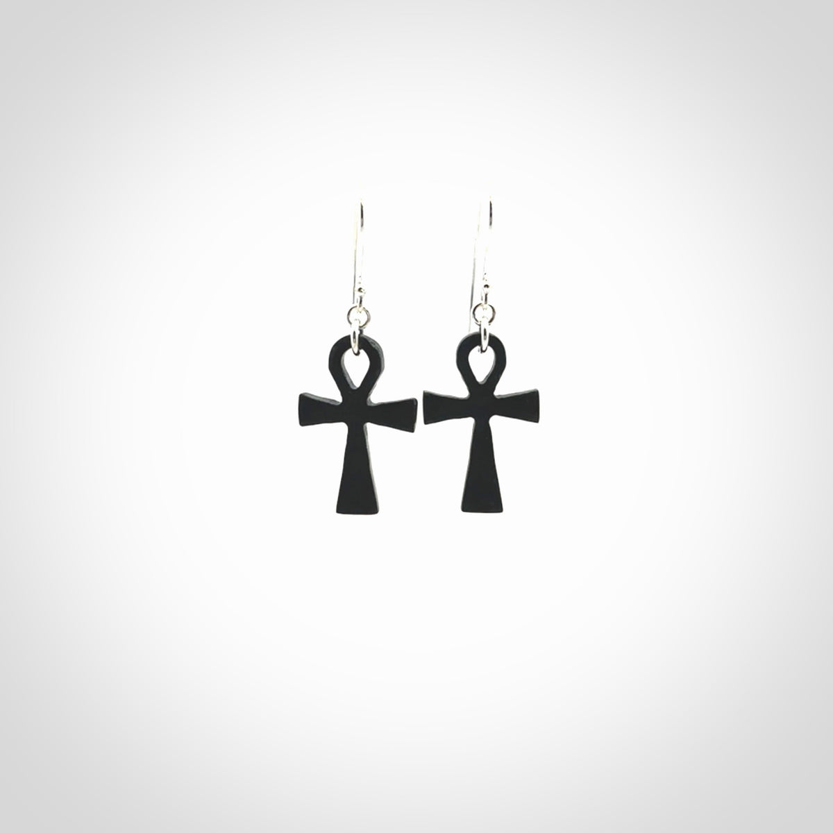 Small Black jade ankh cross earrings. Handmade jade jewellery made by NZ Pacific and for sale online. Beautiful art to wear.