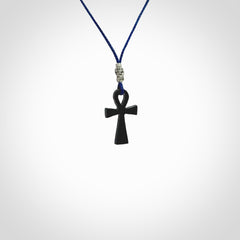 Small Black jade ankh cross pendant. Handmade jade jewellery made by NZ Pacific and for sale online. One only art to wear.