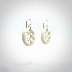 Hand carved bone earrings. Hand made by Amanda Thompson. One only bone earrings. Real bone art to wear. Free Shipping worldwide.