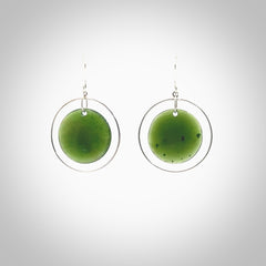 Hand carved medium New Zealand jade circle earrings. Made by NZ Pacific from real jade. Online jewellery for sale online by NZ Pacific.