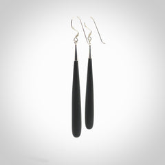 Hand carved Australian Black Jade Earrings. Made by NZ Pacific and for sale online. Hand made Black Jade with Sterling Silver Jewellery. Large Black Jade earrings. Delivered in a woven kete pouch.