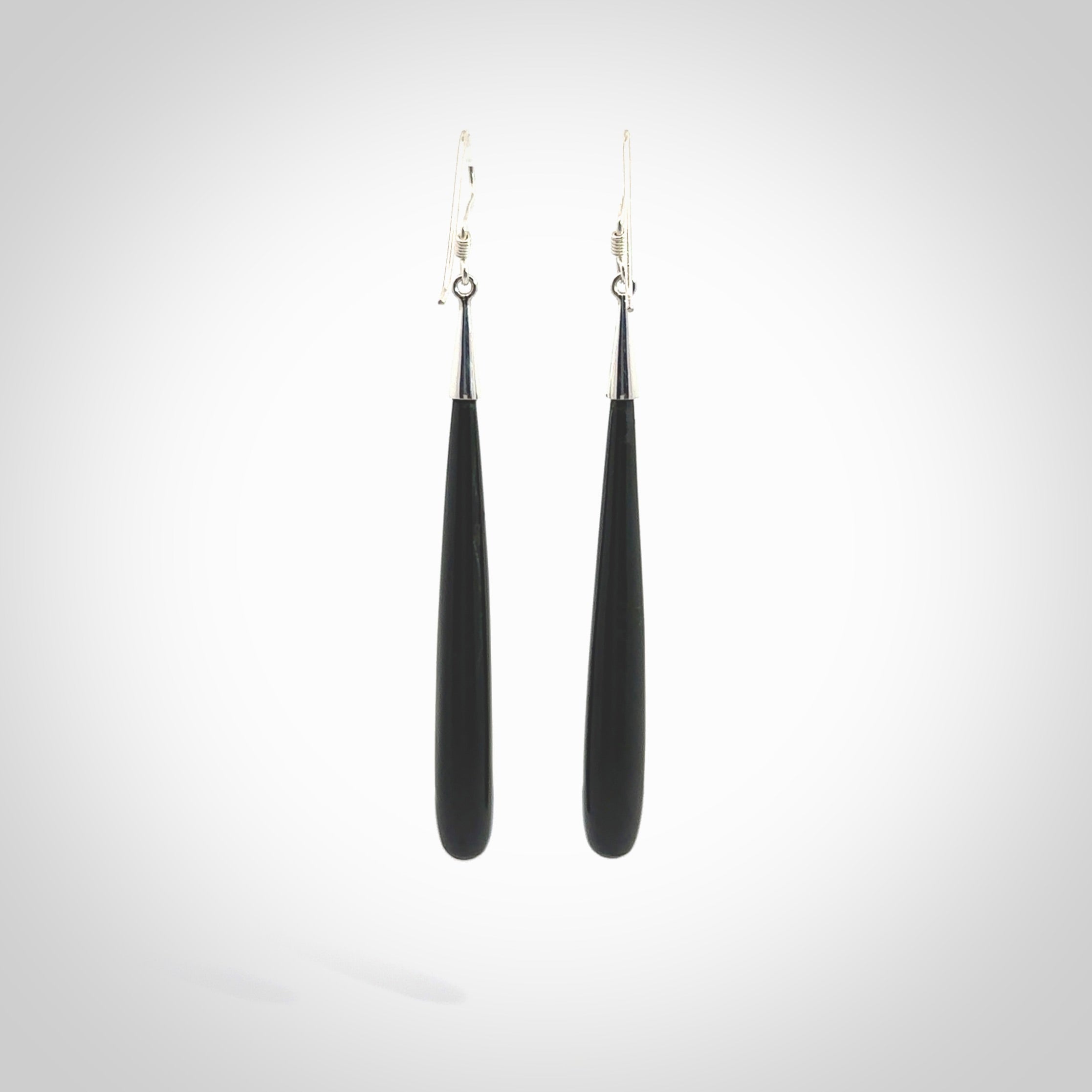 Hand carved Australian Black Jade Earrings. Made by NZ Pacific and for sale online. Hand made Black Jade with Sterling Silver Jewellery. Large Black Jade earrings. Delivered in a woven kete pouch.