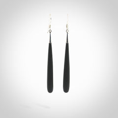 Hand carved Australian Black Jade Earrings. Made by NZ Pacific and for sale online. Hand made Black Jade with Sterling Silver Jewellery. Large Black Jade earrings. Delivered in a woven kete pouch.