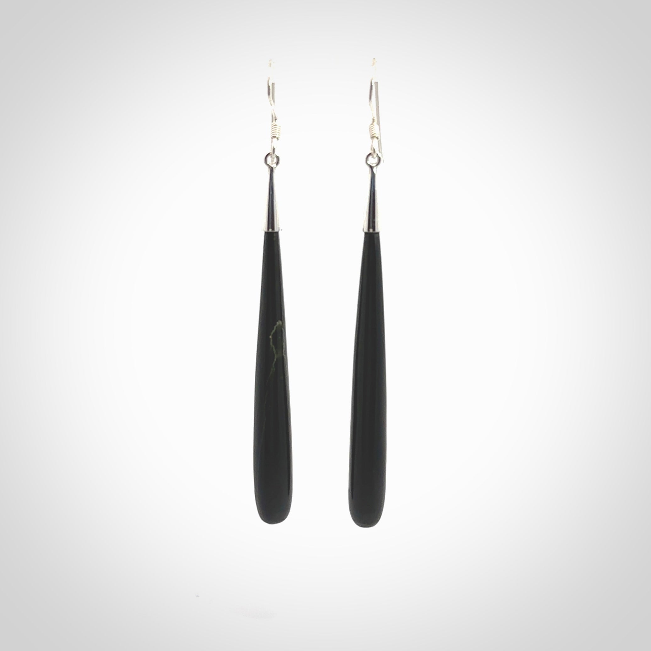 Hand carved Australian Black Jade Earrings. Made by NZ Pacific and for sale online. Hand made Black Jade with Sterling Silver Jewellery. Large Black Jade earrings. Delivered in a woven kete pouch.