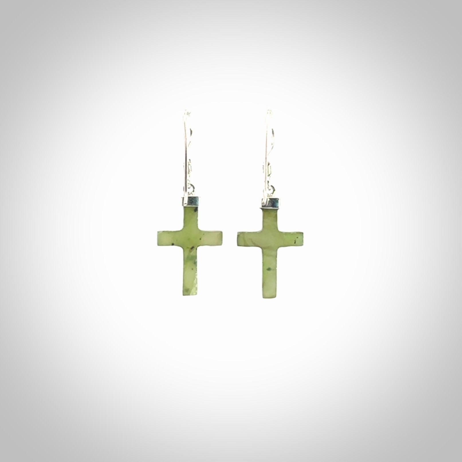 Hand carved medium Nephrite jade cross earrings. Made by NZ Pacific from real jade. Online jewellery for sale online by NZ Pacific.