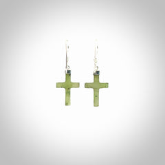 Hand carved medium Nephrite jade cross earrings. Made by NZ Pacific from real jade. Online jewellery for sale online by NZ Pacific.