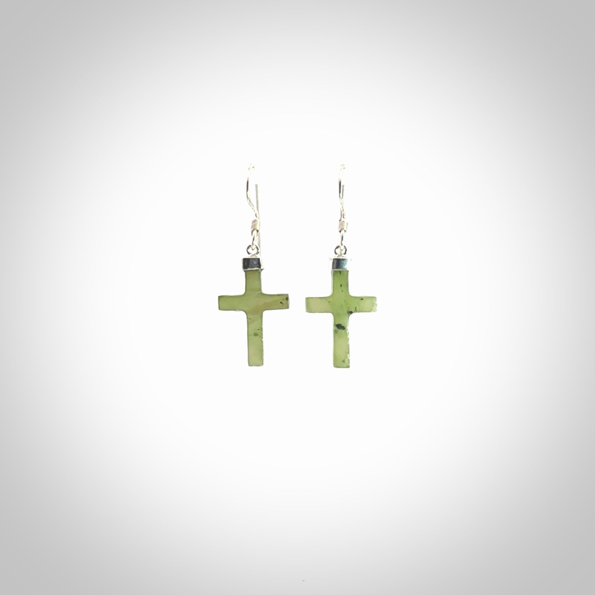 Hand carved medium Nephrite jade cross earrings. Made by NZ Pacific from real jade. Online jewellery for sale online by NZ Pacific.