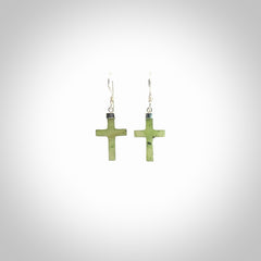 Hand carved medium Nephrite jade cross earrings. Made by NZ Pacific from real jade. Online jewellery for sale online by NZ Pacific.