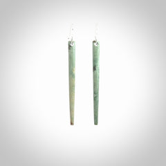 Hand crafted New Zealand Jade Inanga Jade drop earrings with Sterling Silver Hooks. Jade drop earrings, packaged in a woven kete pouch.