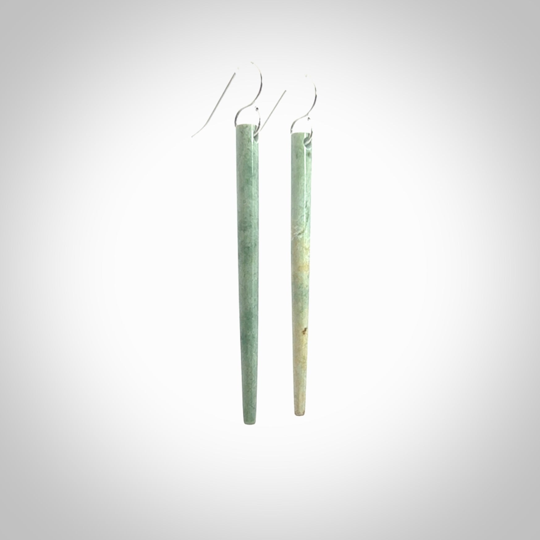 Hand crafted New Zealand Jade Inanga Jade drop earrings with Sterling Silver Hooks. Jade drop earrings, packaged in a woven kete pouch.