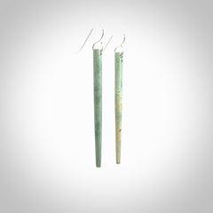 Hand crafted New Zealand Jade Inanga Jade drop earrings with Sterling Silver Hooks. Jade drop earrings, packaged in a woven kete pouch.