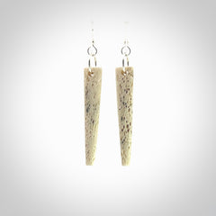 Hand carved large whalebone drop earrings hand made by Kristal Thompson. One only large whale bone drop earrings. Real whale bone art to wear. Free Shipping worldwide. One pair only, delivered in a kete pouch.