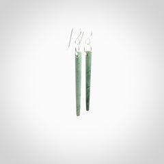 Hand crafted New Zealand Jade Inanga Jade drop earrings with Sterling Silver Hooks. Jade drop earrings, packaged in a woven kete pouch.