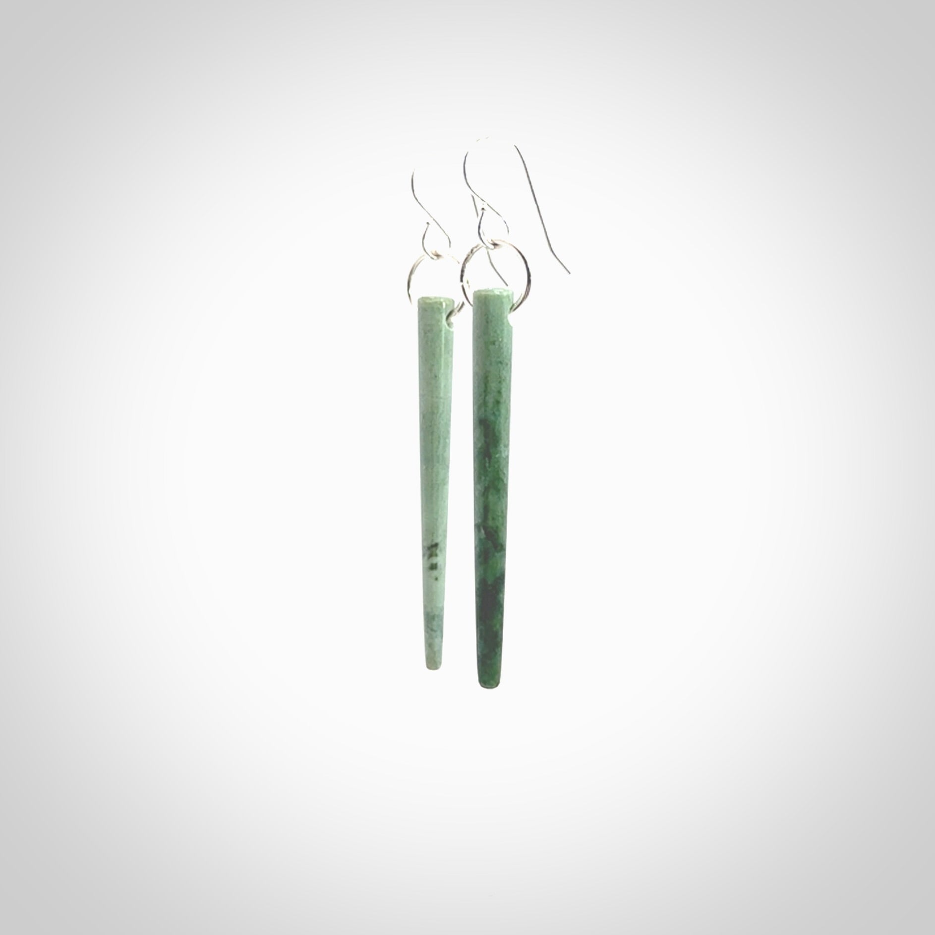 Hand crafted New Zealand Jade Inanga Jade drop earrings with Sterling Silver Hooks. Jade drop earrings, packaged in a woven kete pouch.