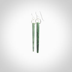 Hand crafted New Zealand Jade Inanga Jade drop earrings with Sterling Silver Hooks. Jade drop earrings, packaged in a woven kete pouch.