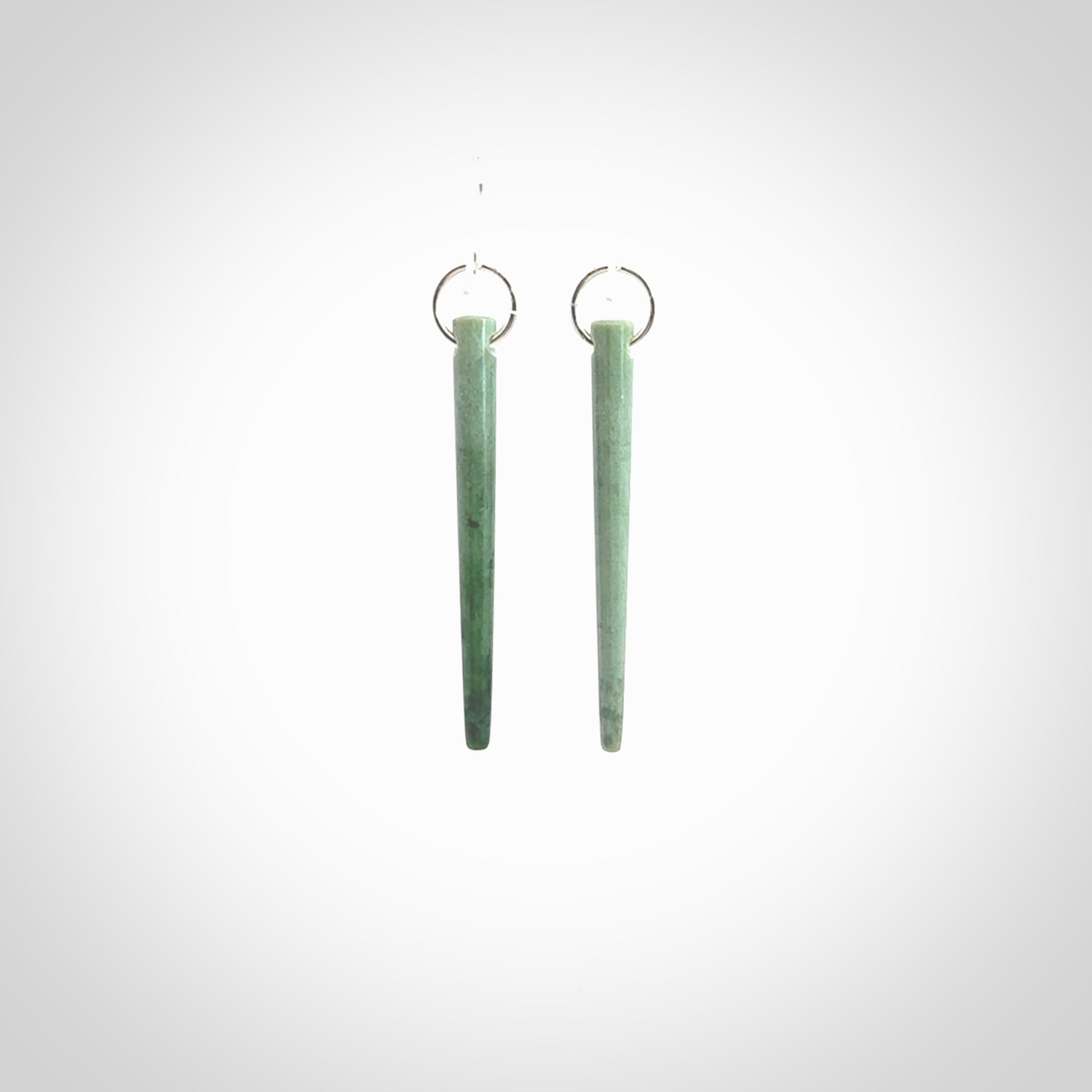 Hand crafted New Zealand Jade Inanga Jade drop earrings with Sterling Silver Hooks. Jade drop earrings, packaged in a woven kete pouch.