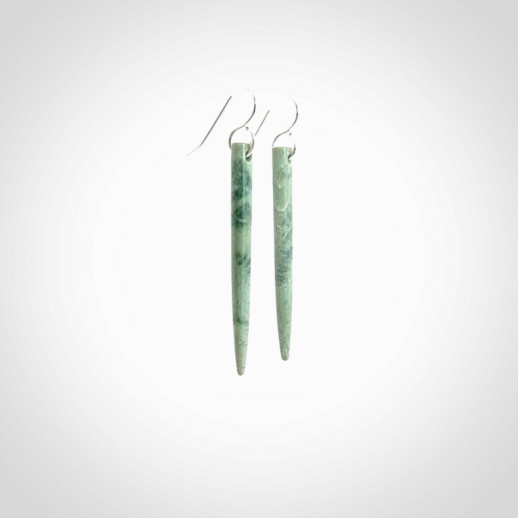 Hand crafted New Zealand Jade Inanga Jade drop earrings with Sterling Silver Hooks. Jade drop earrings, packaged in a woven kete pouch.