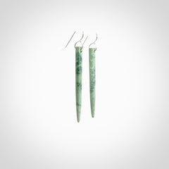 Hand crafted New Zealand Jade Inanga Jade drop earrings with Sterling Silver Hooks. Jade drop earrings, packaged in a woven kete pouch.