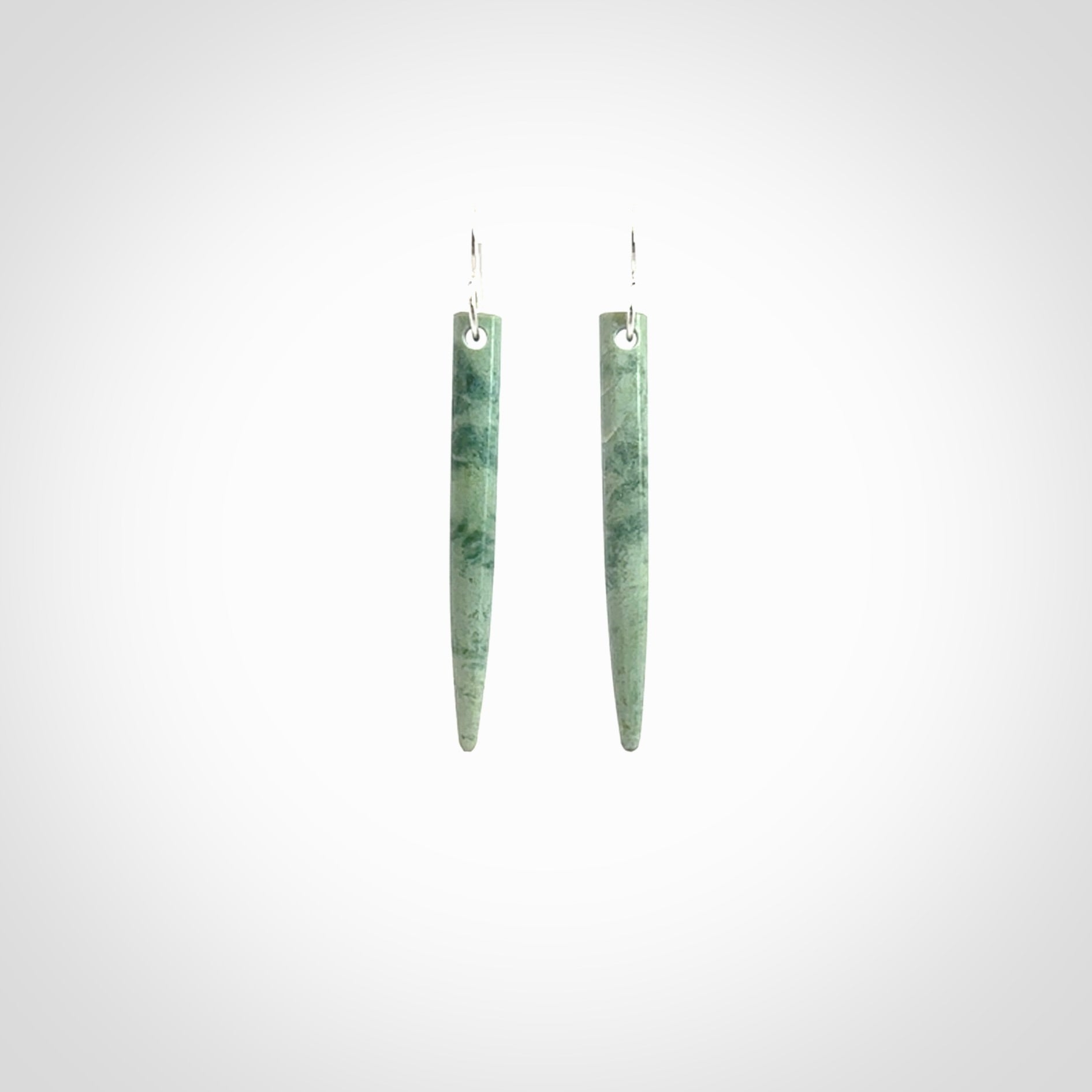 Hand crafted New Zealand Jade Inanga Jade drop earrings with Sterling Silver Hooks. Jade drop earrings, packaged in a woven kete pouch.